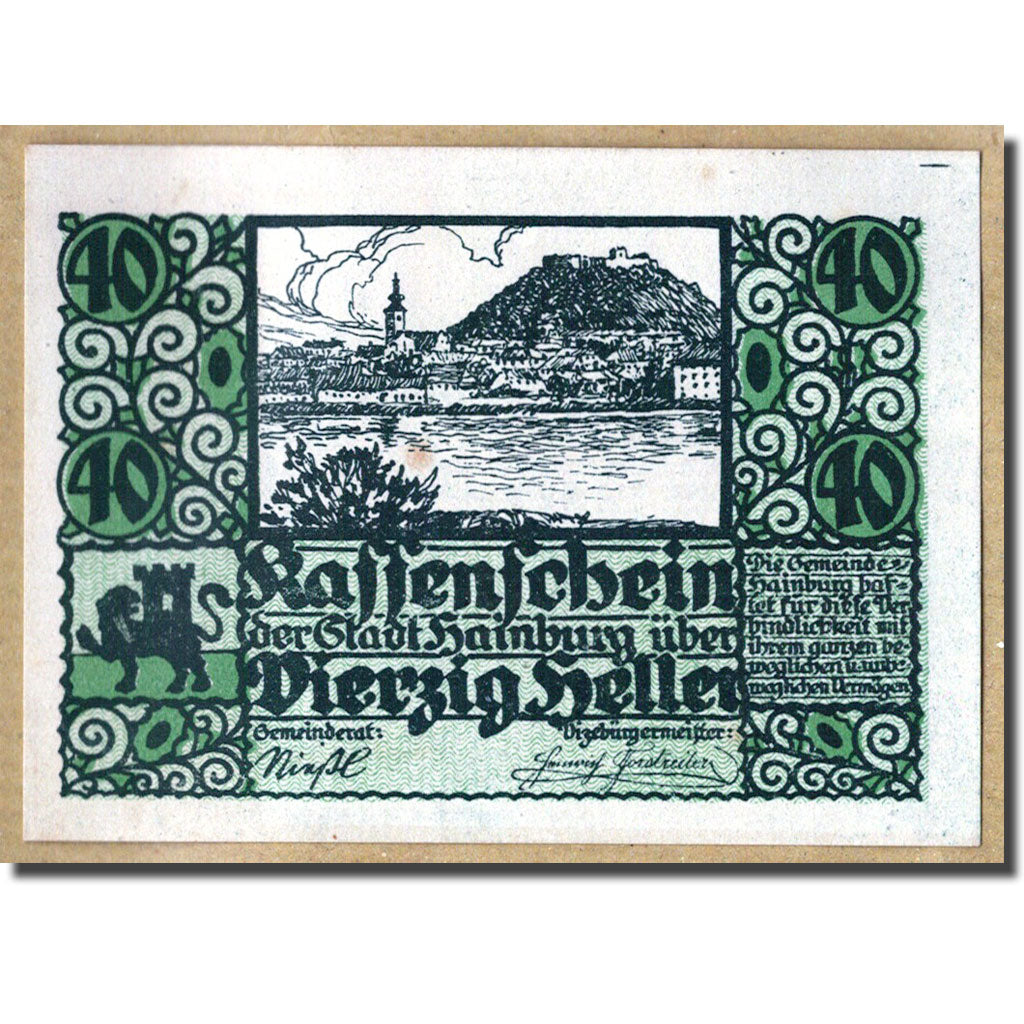Geldschein, Österreich, Hainbur a/d Donau, 40 Heller, paysage, 1920