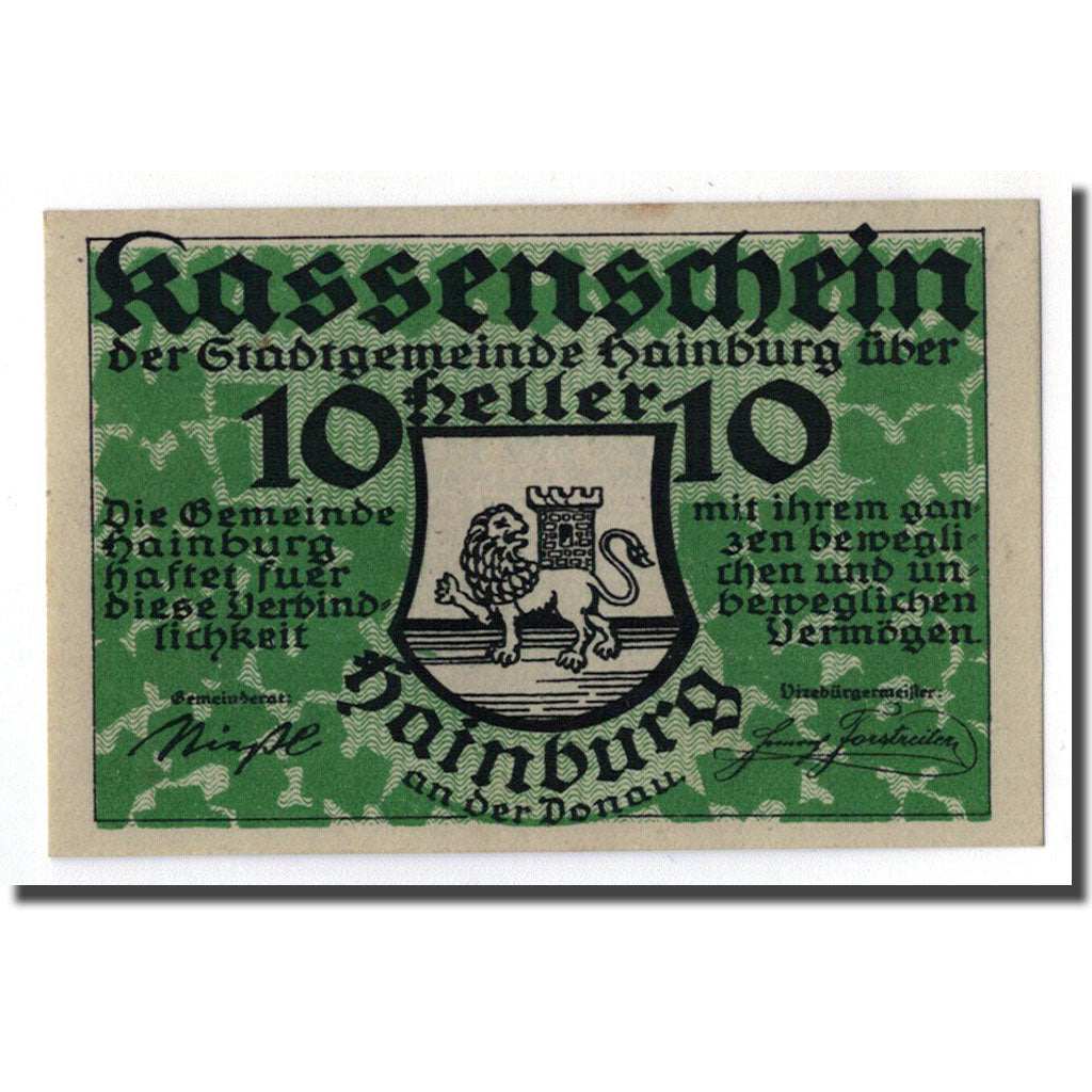 Geldschein, Österreich, Hainbur a/d Donau, 10 Heller, Ecusson, 1920