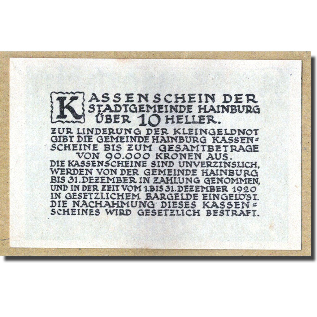 Geldschein, Österreich, Hainbur a/d Donau, 10 Heller, Ecusson, 1920