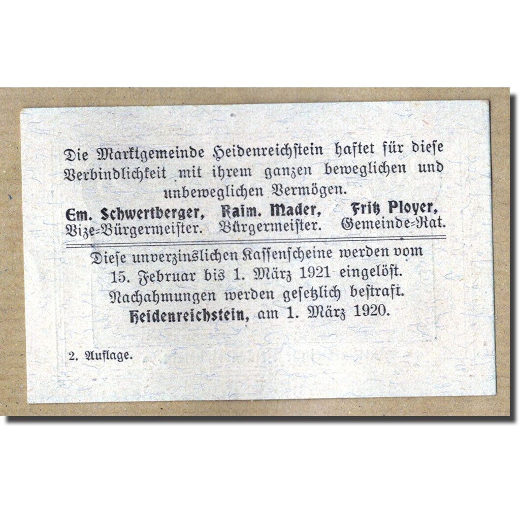 Geldschein, Österreich, Heidenreichstein, 20 Heller, château, 1920