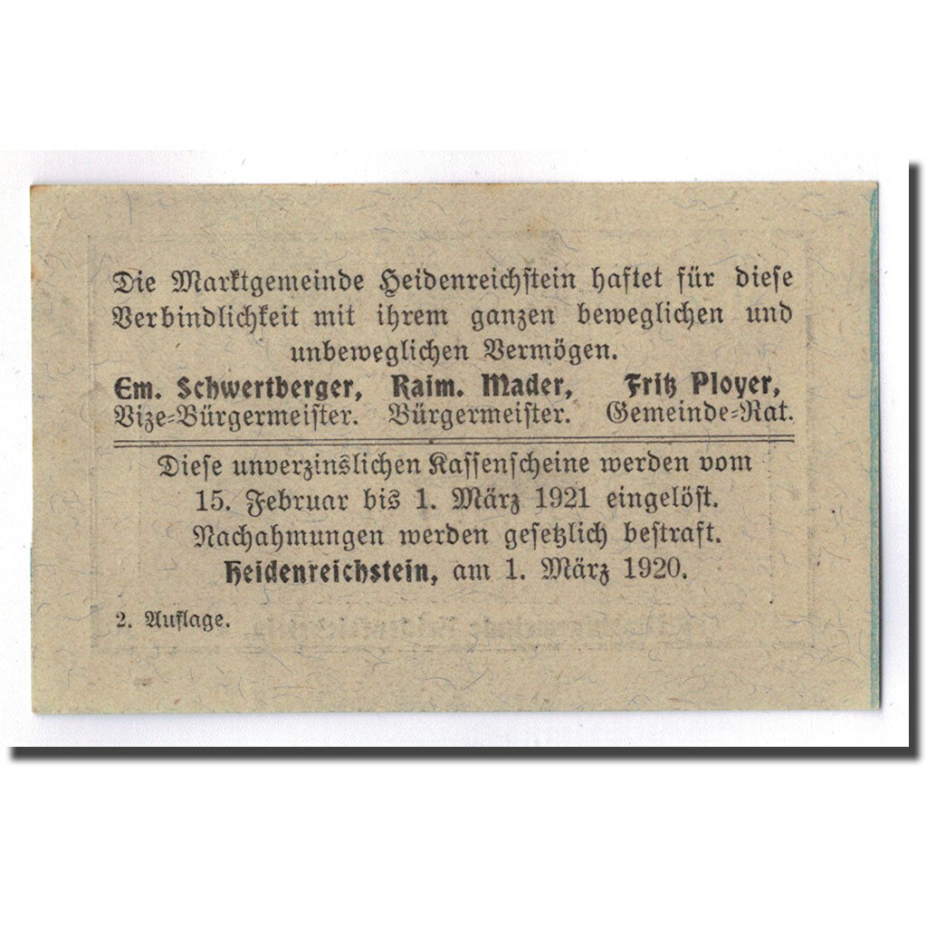 Banknote, Austria, Heidenreichstein, 50 Heller, château, 1920, 1920-03-01