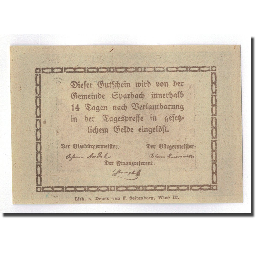 Geldschein, Österreich, Sparbach N'.O, 10 Heller, paysage 1, UNZ-