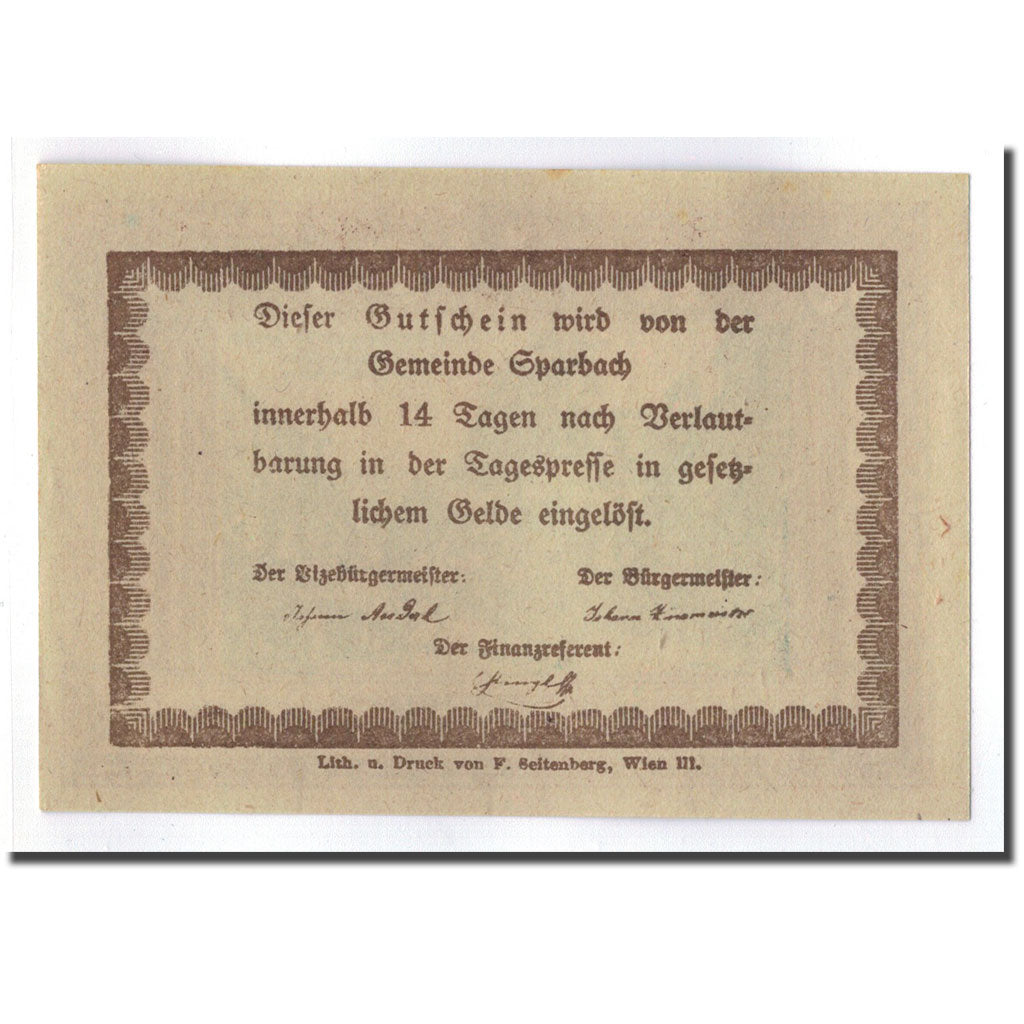 Geldschein, Österreich, Sparbach N'.O, 50 Heller, paysage 1, UNZ-