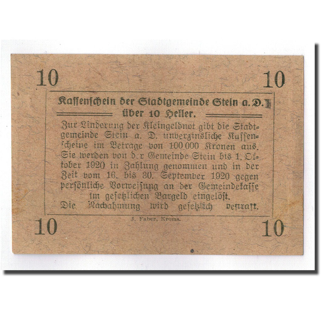 Geldschein, Österreich, Stein an der Donau, 10 Heller, paysage, 1920