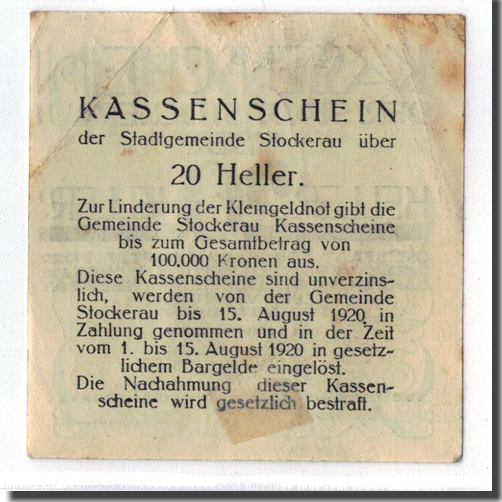 Geldschein, Österreich, Stockerau, 20 Heller, graphique, 1919, 1919-12-03