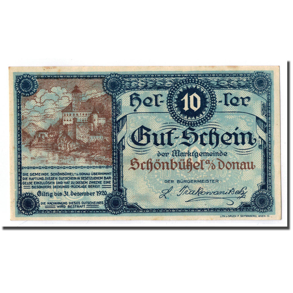 Geldschein, Österreich, Schonbuhel a/d Donau, 10 Heller, village, UNZ-