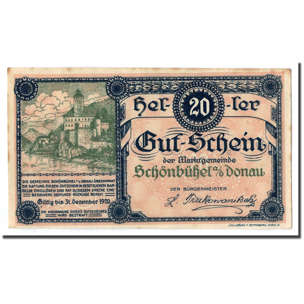 Geldschein, Österreich, Schonbuhel a/d Donau, 20 Heller, village, UNZ-