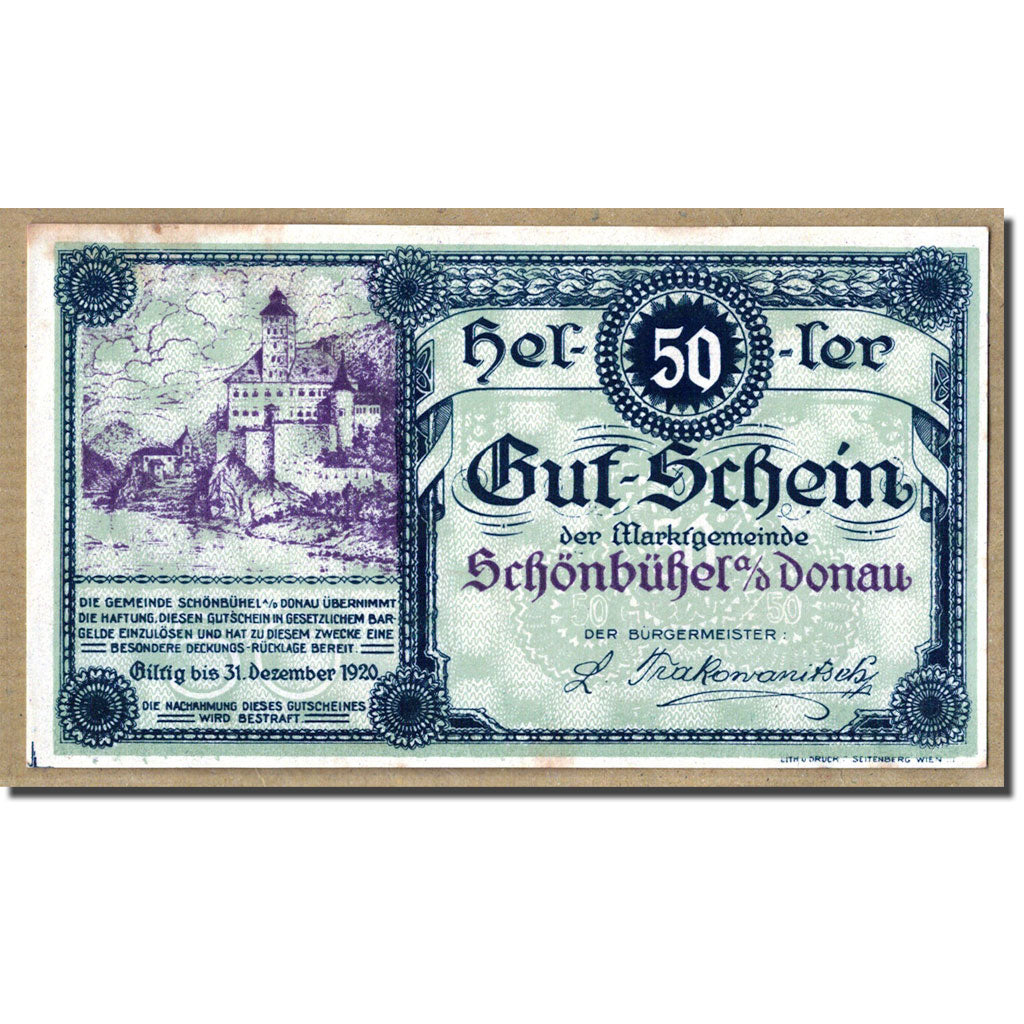 Geldschein, Österreich, Schonbuhel a/d Donau, 50 Heller, village, UNZ-