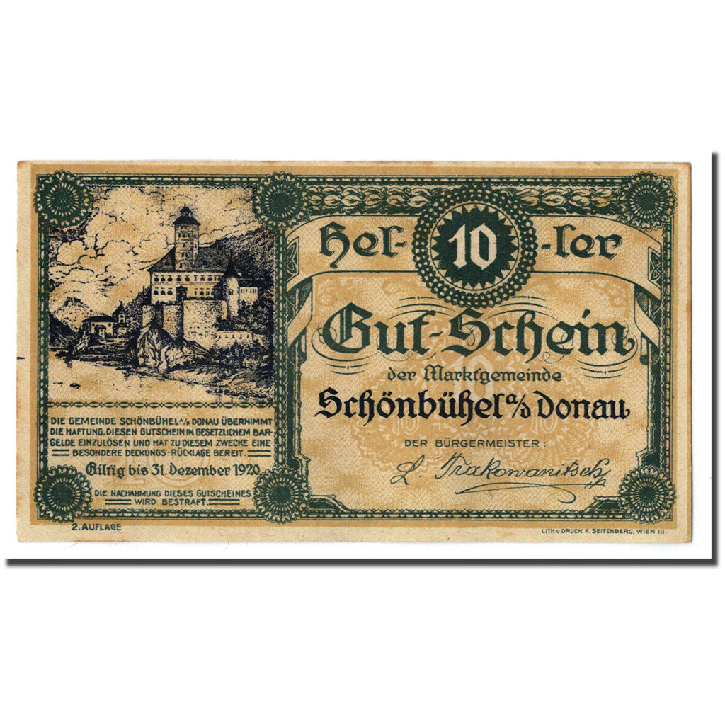 Geldschein, Österreich, Schonbuhel a/d Donau, 10 Heller, château, UNZ-