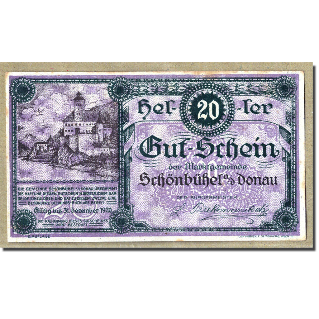 Geldschein, Österreich, Schonbuhel a/d Donau, 20 Heller, château, UNZ-
