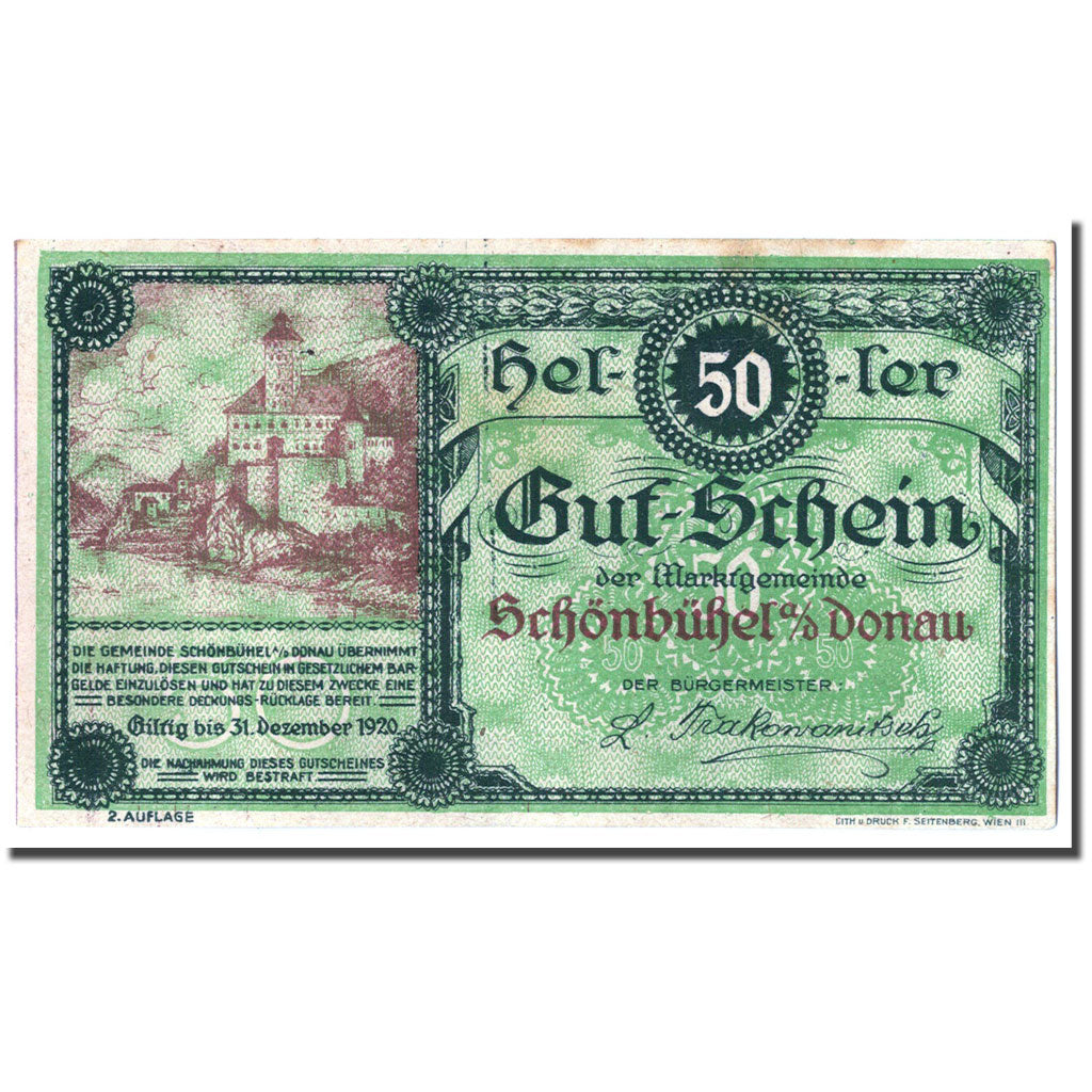 Geldschein, Österreich, Schonbuhel a/d Donau, 50 Heller, château, UNZ-