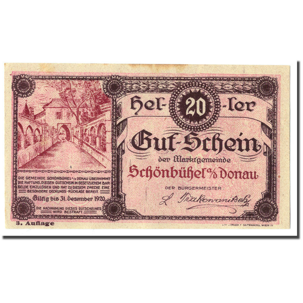 Geldschein, Österreich, Schonbuhel a/d Donau, 20 Heller, chateau 1, UNZ-