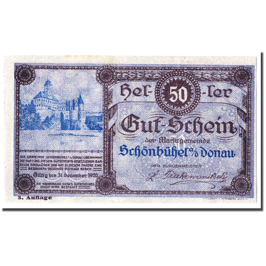 Geldschein, Österreich, Schonbuhel a/d Donau, 50 Heller, chateau 1, UNZ-