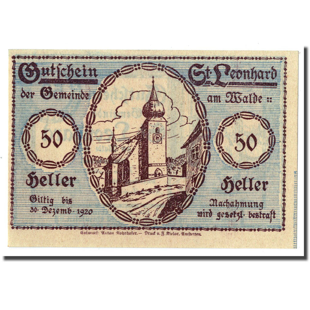 Geldschein, Österreich, St Leonhard am Walde, 50 Heller, Eglise, UNZ-