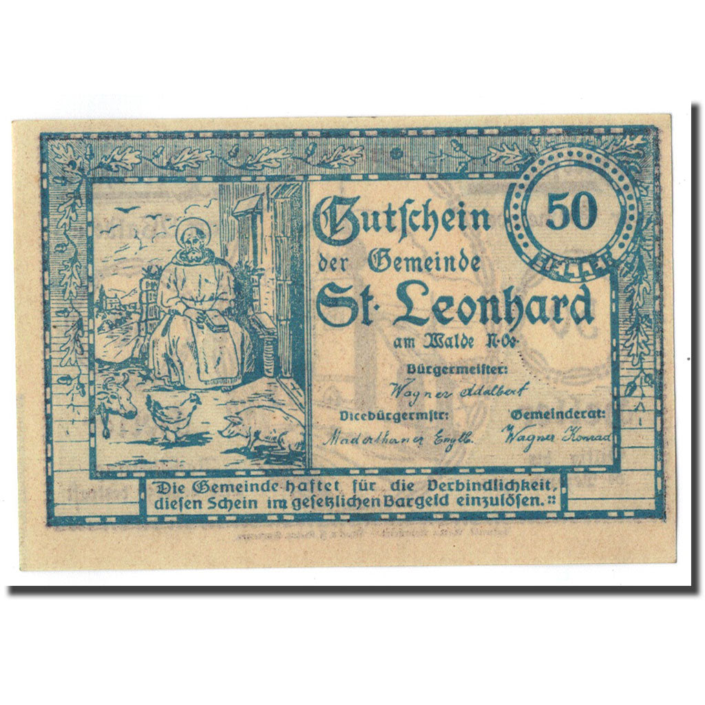 Geldschein, Österreich, St Leonhard am Walde, 50 Heller, Eglise, UNZ-