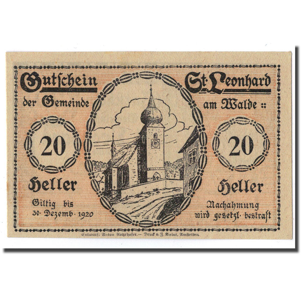 Geldschein, Österreich, St Leonhard am Walde, 20 Heller, Eglise, UNZ-