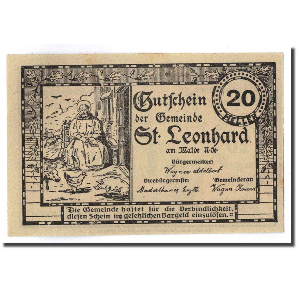Geldschein, Österreich, St Leonhard am Walde, 20 Heller, Eglise, UNZ-