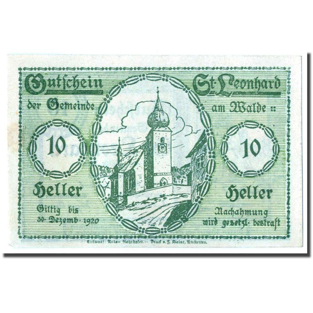 Geldschein, Österreich, St Leonhard am Walde, 10 Heller, Eglise, UNZ-