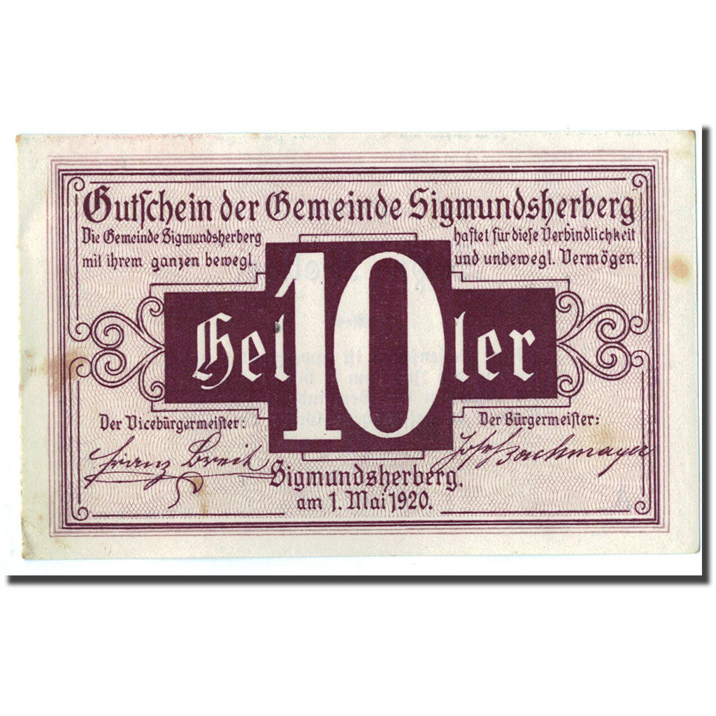 Geldschein, Österreich, Sigmundsherberg, 10 Heller, graphique, 1920