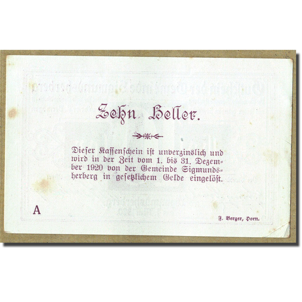 Geldschein, Österreich, Sigmundsherberg, 10 Heller, graphique, 1920