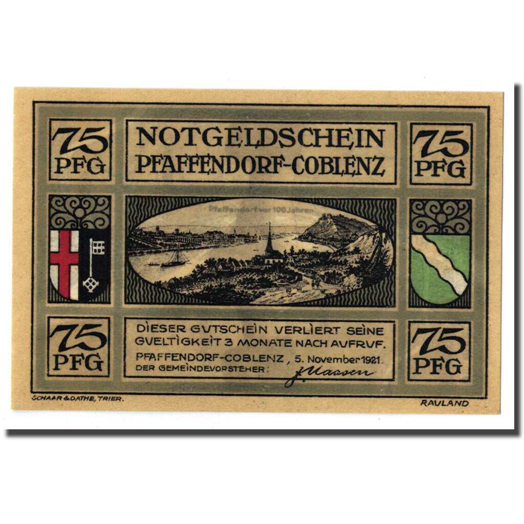 Banknot, Niemcy, Pfaffendorf-coblenz, 75 Pfennig, paysage, 1921, 1921-11-05
