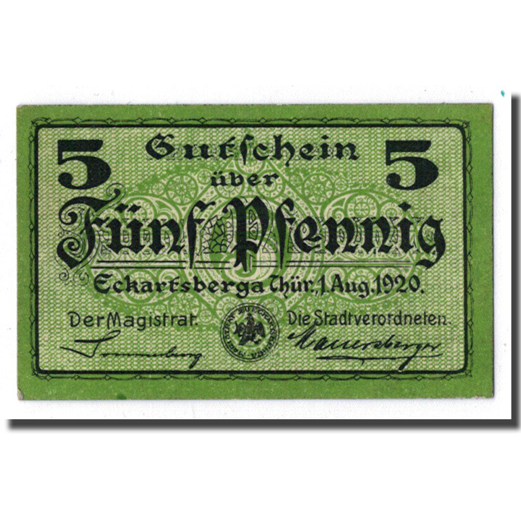 Banknot, Niemcy, Eckartsberga Thur. Stadt, 5 Pfennig, graphique, 1920