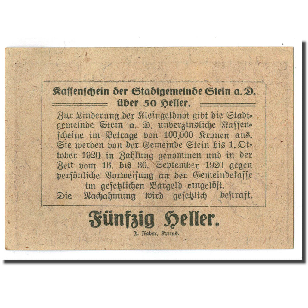 Geldschein, Österreich, Stein an der Donau, 50 Heller, paysage, 1920