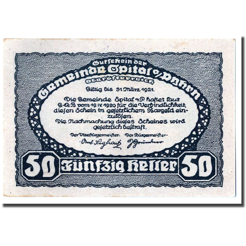Geldschein, Österreich, Spital am Pyhrn, 50 Heller, paysage, 1920, 1920-04-19