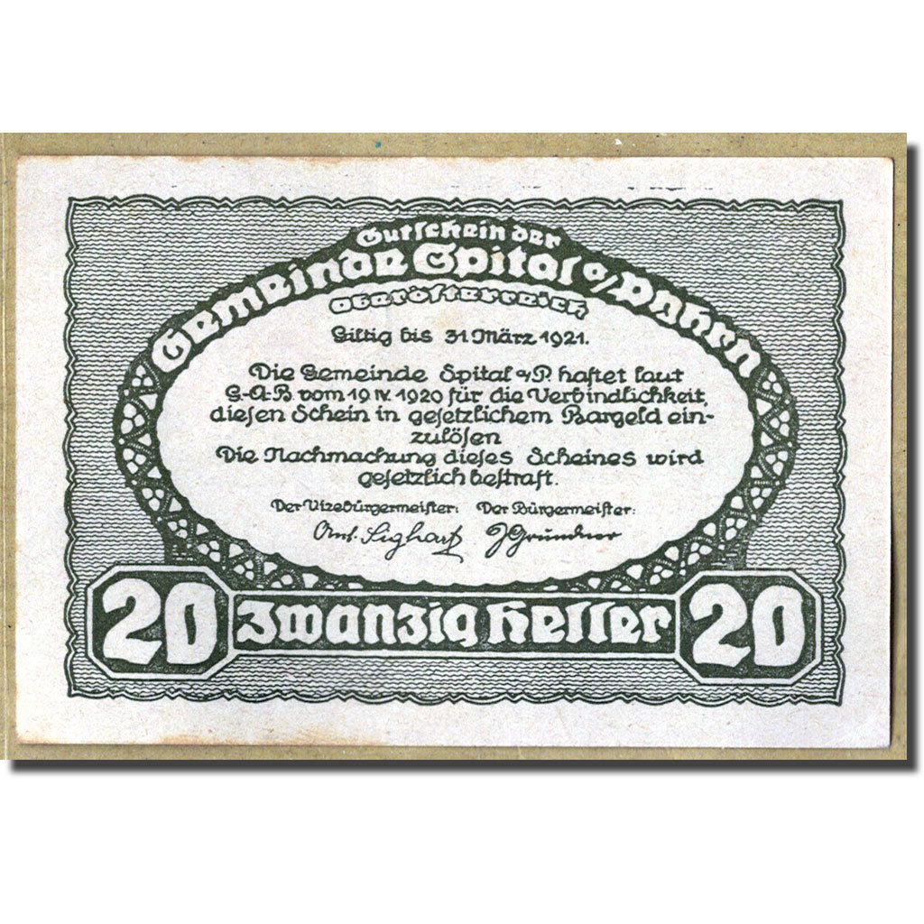Geldschein, Österreich, Spital am Pyhrn, 20 Heller, paysage, 1920, 1920-04-19