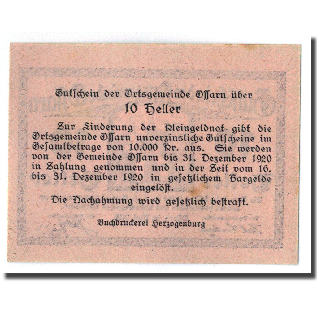 Geldschein, Österreich, Ossarn, 10 Heller, Eglise, 1920, UNZ-, Mehl:712a