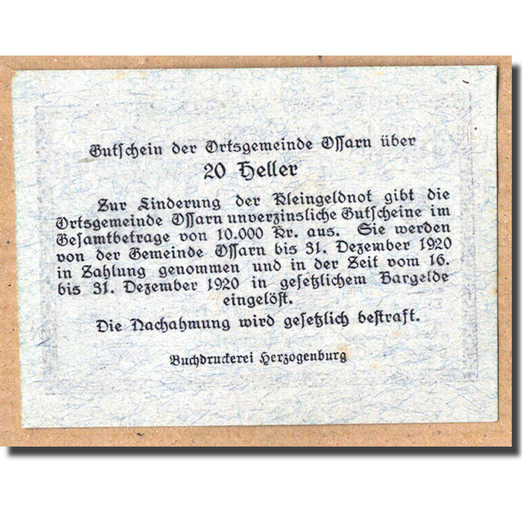 Geldschein, Österreich, Ossarn, 20 Heller, Eglise, 1920, UNZ-, Mehl:712a