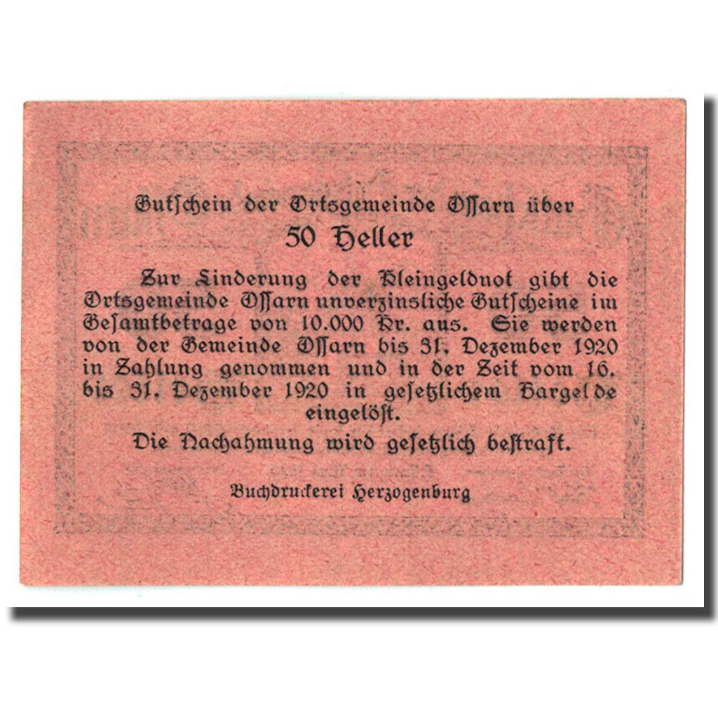 Geldschein, Österreich, Ossarn, 50 Heller, Eglise, 1920, UNZ-, Mehl:712a