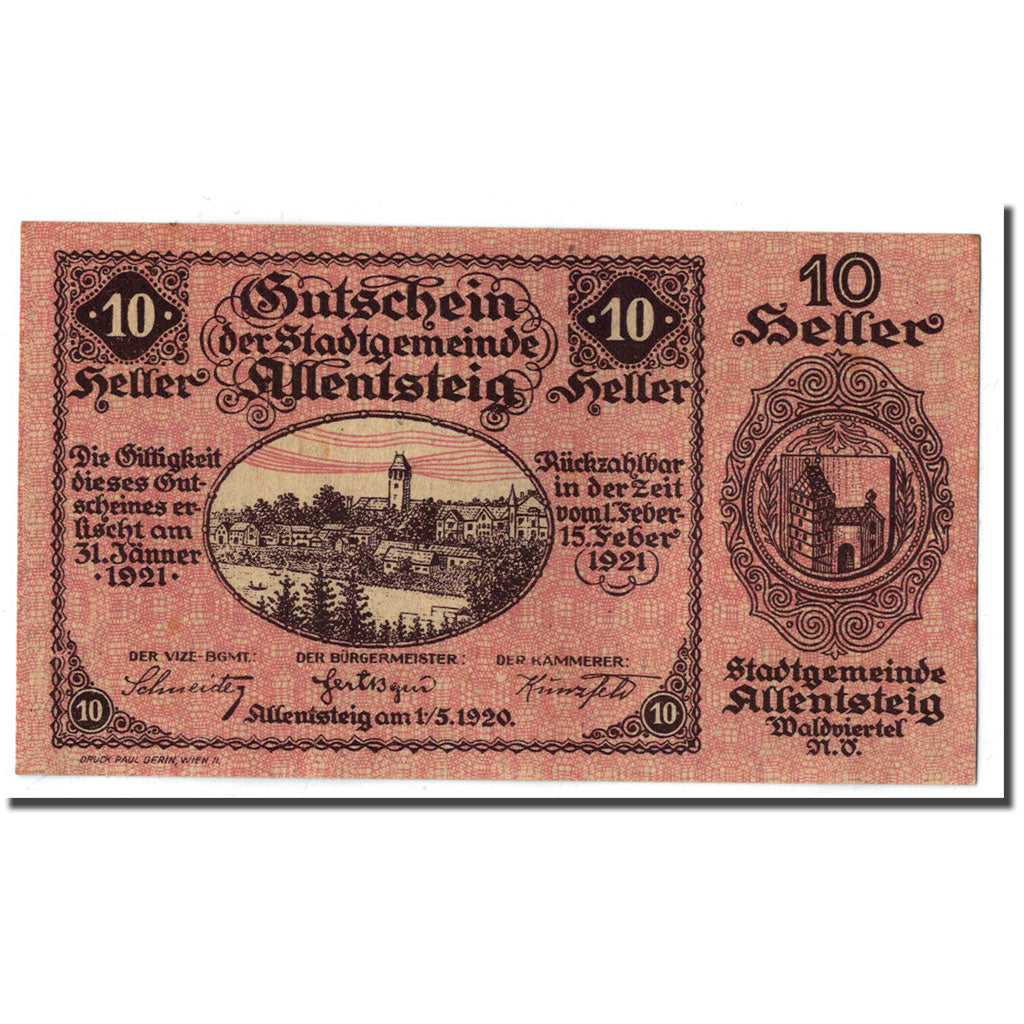 Geldschein, Österreich, Allentsteig, 10 Heller, paysage, 1920, 1920-05-01