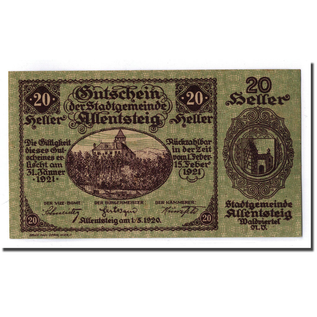 Geldschein, Österreich, Allentsteig, 20 Heller, paysage, 1920, 1920-05-01
