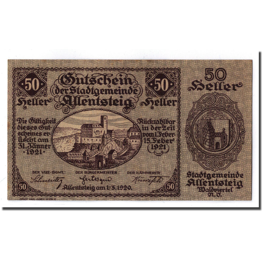 Geldschein, Österreich, Allentsteig, 50 Heller, paysage, 1920, 1920-05-01
