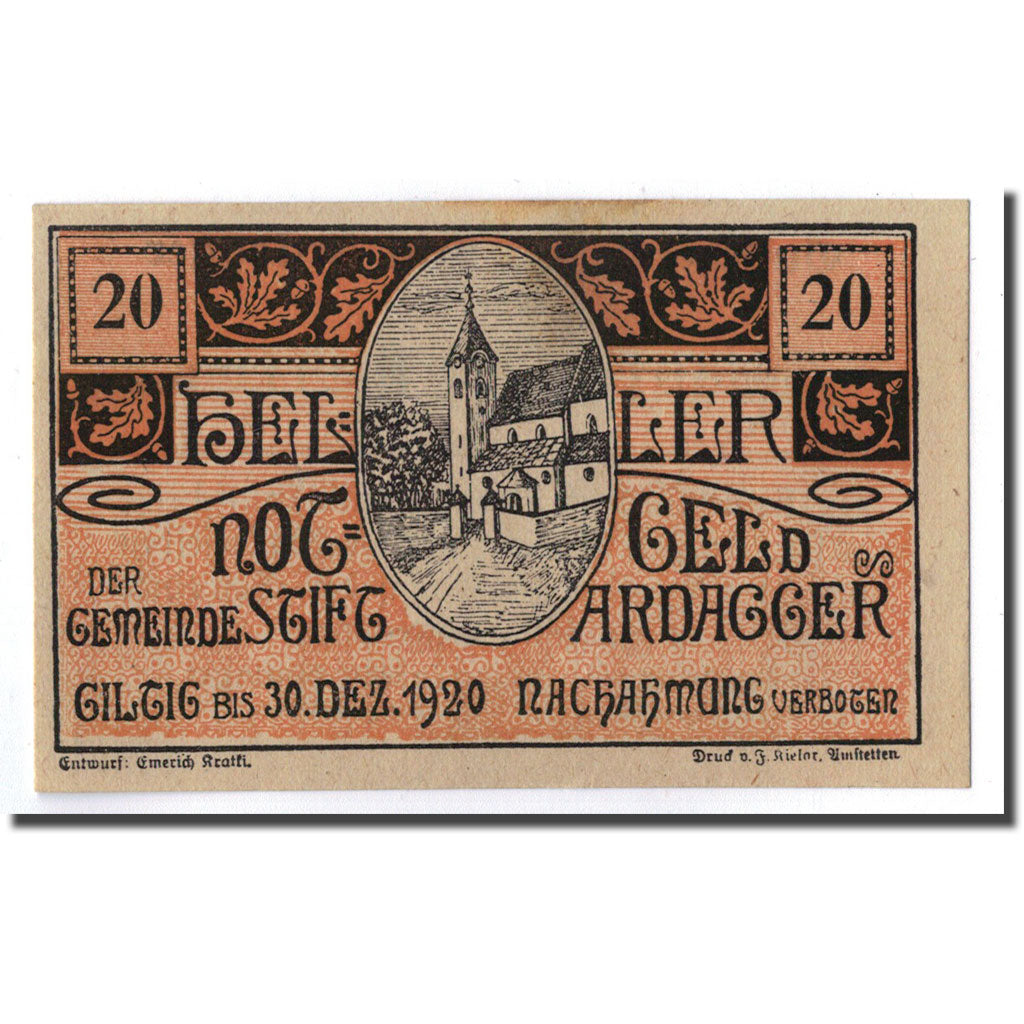 Geldschein, Österreich, Stift Ardagger, 20 Heller, Eglise, 1920, 1920-12-30