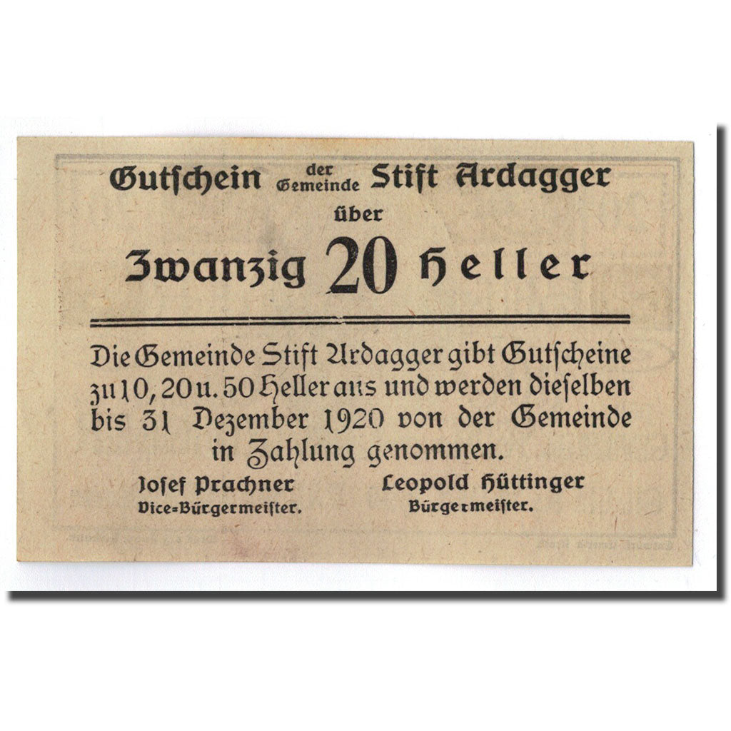 Geldschein, Österreich, Stift Ardagger, 20 Heller, Eglise, 1920, 1920-12-30
