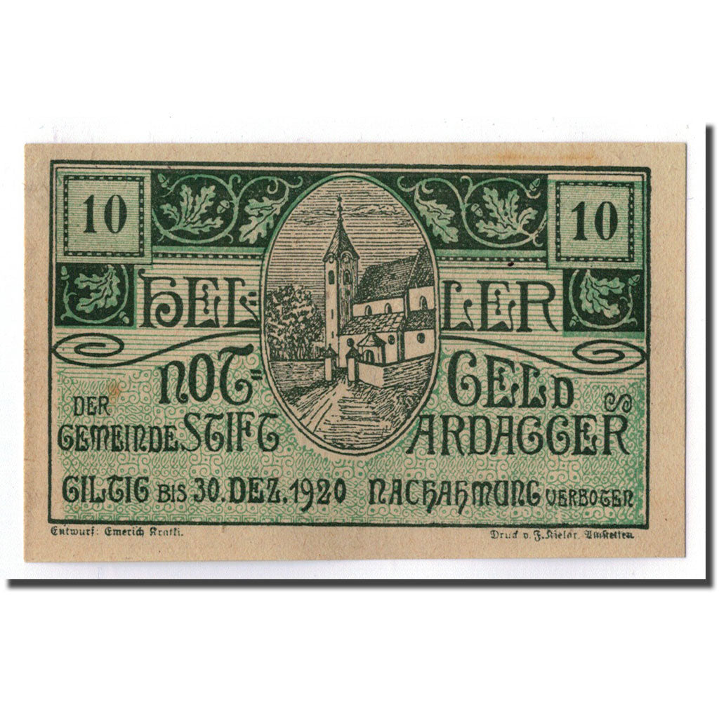 Geldschein, Österreich, Stift Ardagger, 10 Heller, Eglise, 1920, 1920-12-30