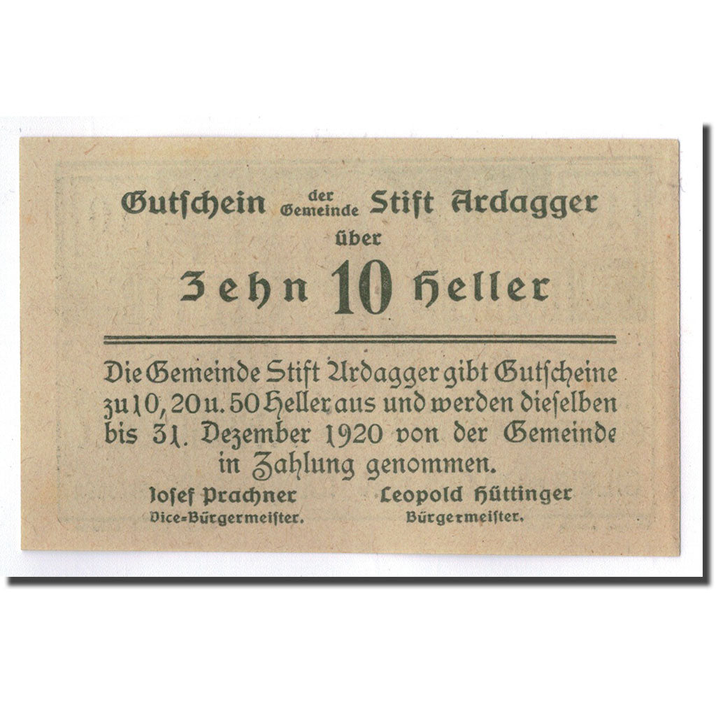 Geldschein, Österreich, Stift Ardagger, 10 Heller, Eglise, 1920, 1920-12-30