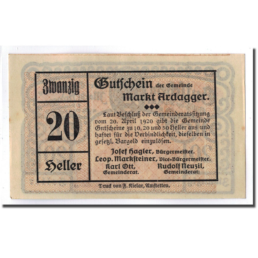 Geldschein, Österreich, Ardagger, 20 Heller, paysage, 1920, 1920-04-20, UNZ-