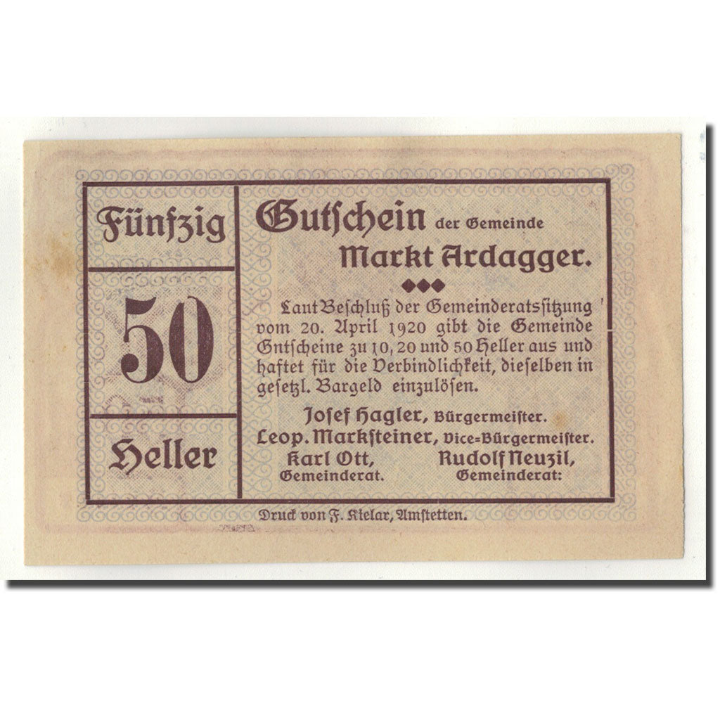 Geldschein, Österreich, Ardagger, 50 Heller, paysage, 1920, 1920-04-20, UNZ-