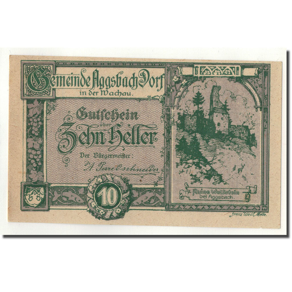 Geldschein, Österreich, Aggsbach Dorf, 10 Heller, paysage, 1920, 1920-12-31