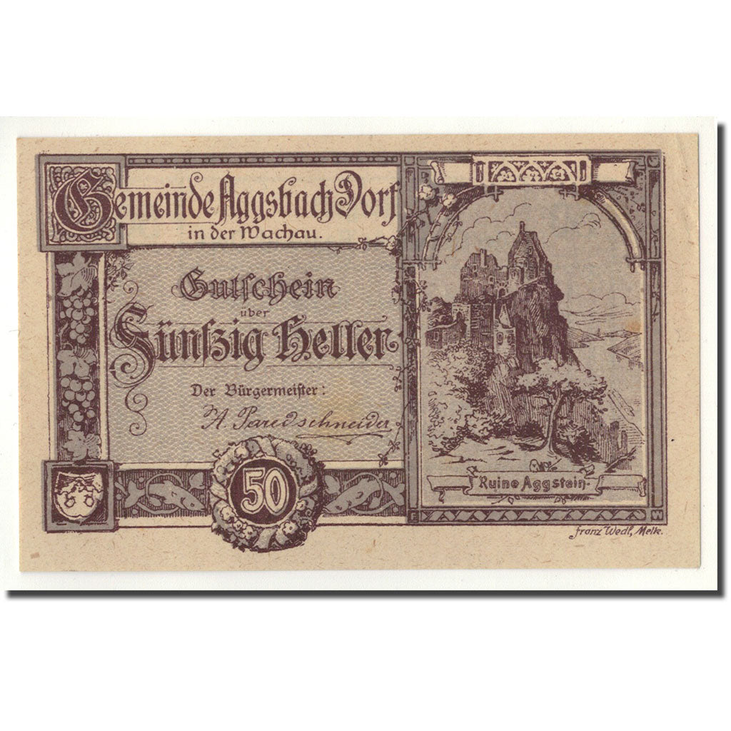 Geldschein, Österreich, Aggsbach Dorf, 50 Heller, paysage, 1920, 1920-12-31