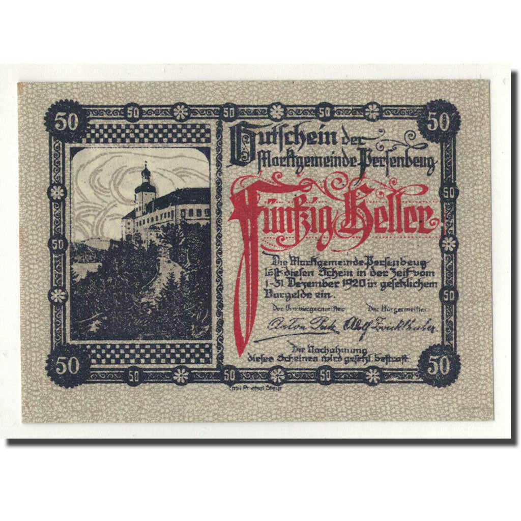 Geldschein, Österreich, Persenbeug, 50 Heller, château, UNZ-, Mehl:735.1