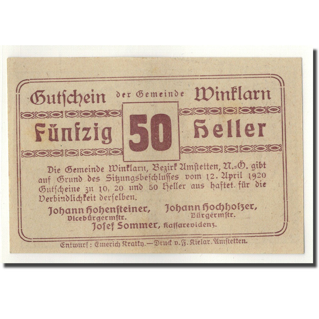 Geldschein, Österreich, Winklarn, 50 Heller, paysage, 1920, 1920-04-12, UNZ-