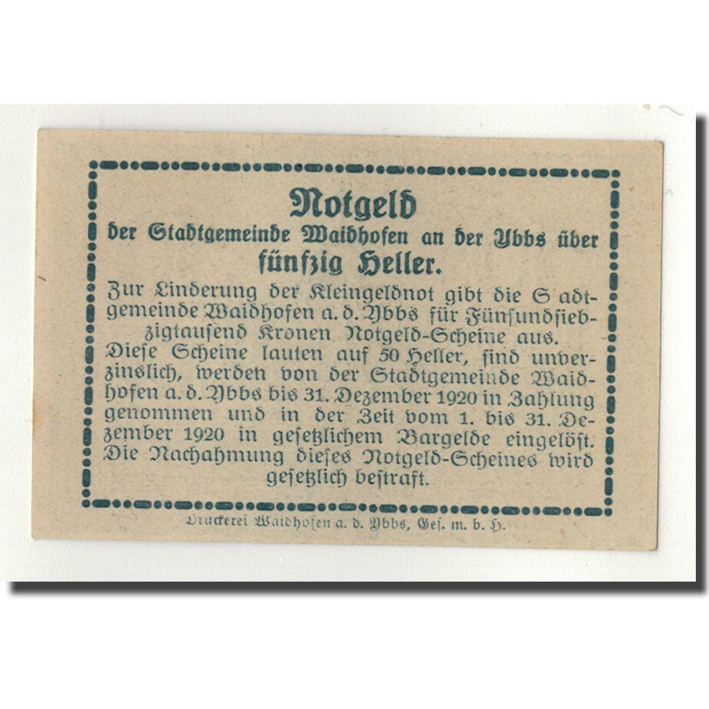 Geldschein, Österreich, Waidhofen a/d Ybbs, 50 Heller, Monument, 1920