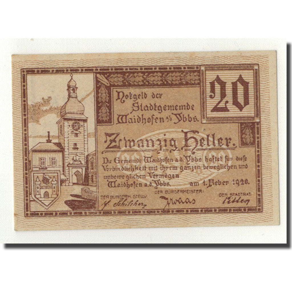 Geldschein, Österreich, Waidhofen a/d Ybbs, 20 Heller, Monument, 1920