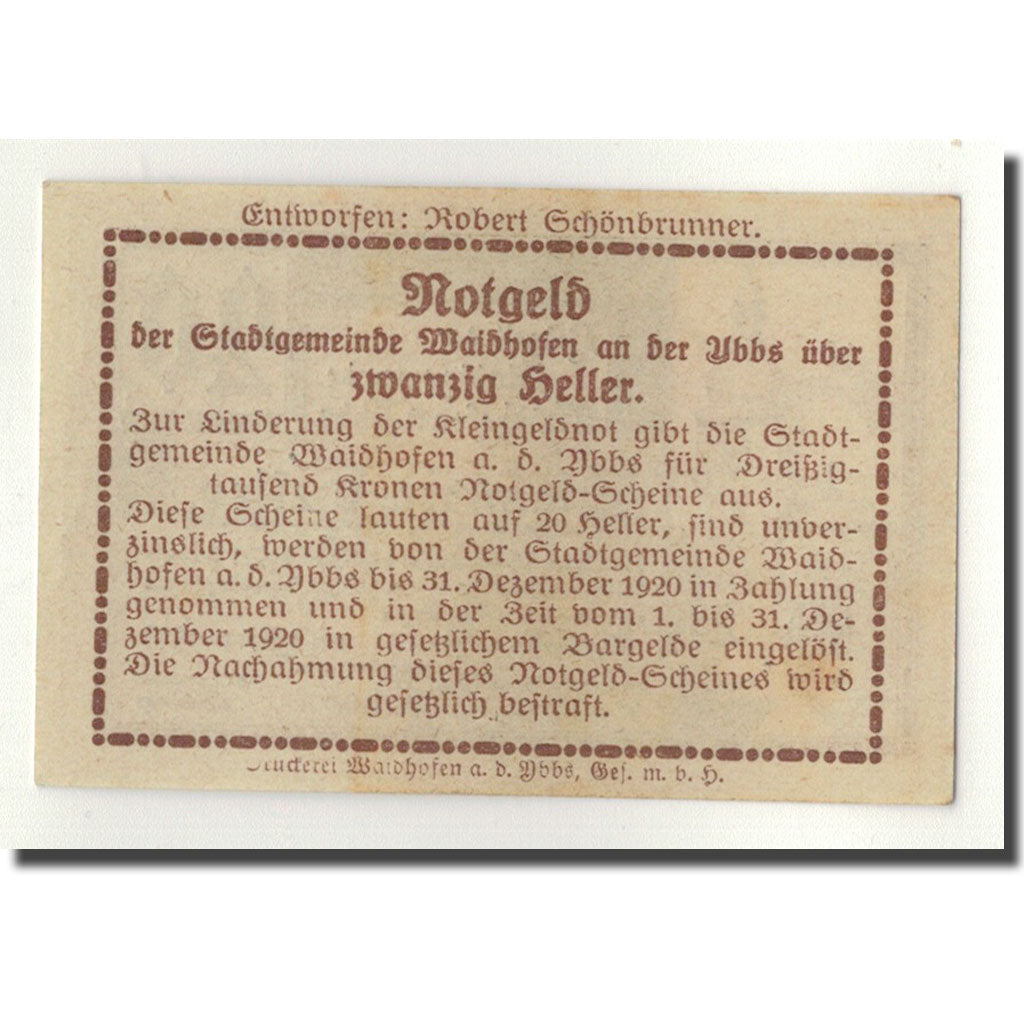 Geldschein, Österreich, Waidhofen a/d Ybbs, 20 Heller, Monument, 1920