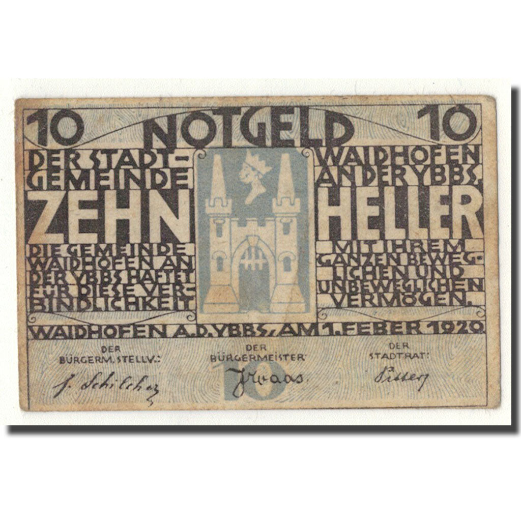Geldschein, Österreich, Waidhofen a/d Ybbs, 10 Heller, château, 1920