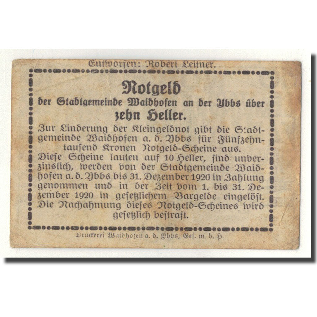Geldschein, Österreich, Waidhofen a/d Ybbs, 10 Heller, château, 1920